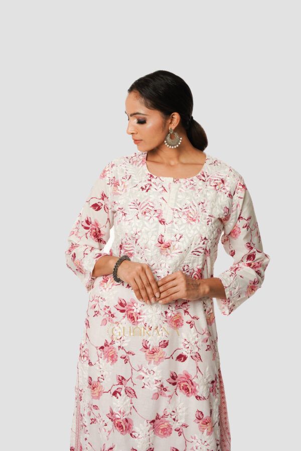 Mulmul Chikankari Printed Co ord Kurta Set – Pink