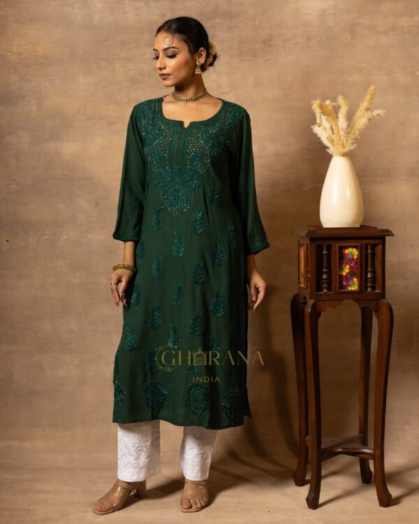 Rayon Chikankari with Mukaish work 3 PC set with Palazzo and Dupatta - Green - Image 2