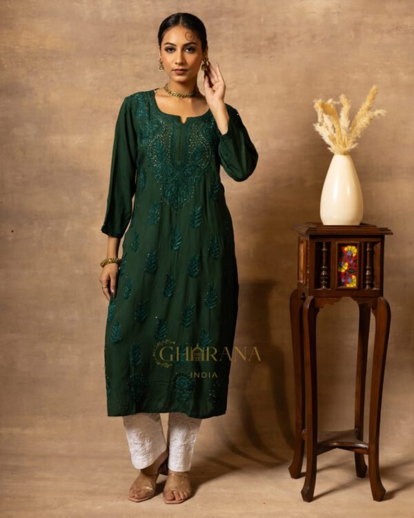 Rayon Chikankari with Mukaish work 3 PC set with Palazzo and Dupatta - Green - Image 3