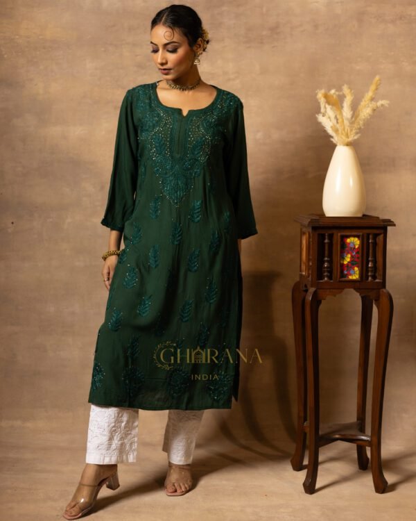 Rayon Chikankari with Mukaish work 3 PC set with Palazzo and Dupatta - Green - Image 4