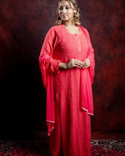 Ishq Pure Viscose Chikankari Kurta in Resham Jaal and Mukaish work_Pink