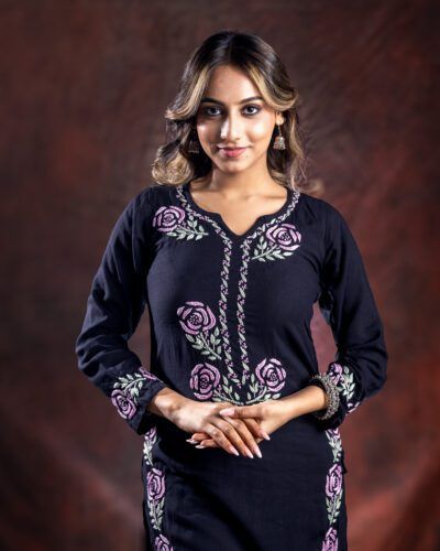 Ishq Rayon Black Chikankari co ord set in two coloured thread fine embroidery