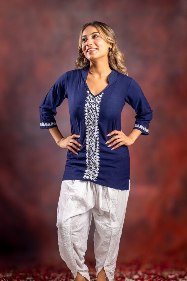 Ishq Rayon Navy Blue Chikankari Top with fine embroidery - Image 4