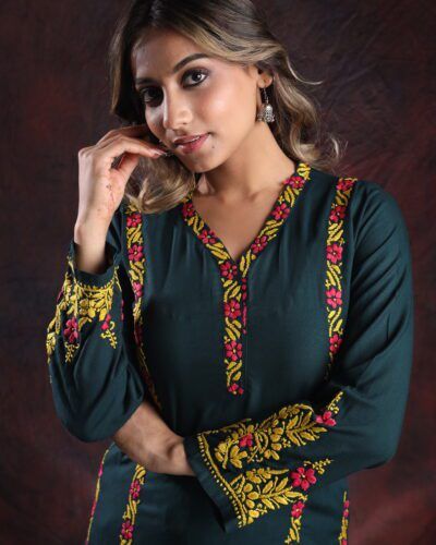 Ishq Bottle Green Rayon Co ord set with fine Chikankari in Multiple coloured thread