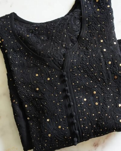 Kiara Georgette 4PC Chikankari Anarkali Kurta Set with Mukaish Work - Black