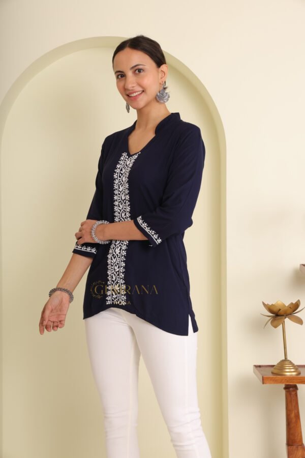 Ishq Rayon Navy Blue Chikankari Top with fine embroidery - Image 7