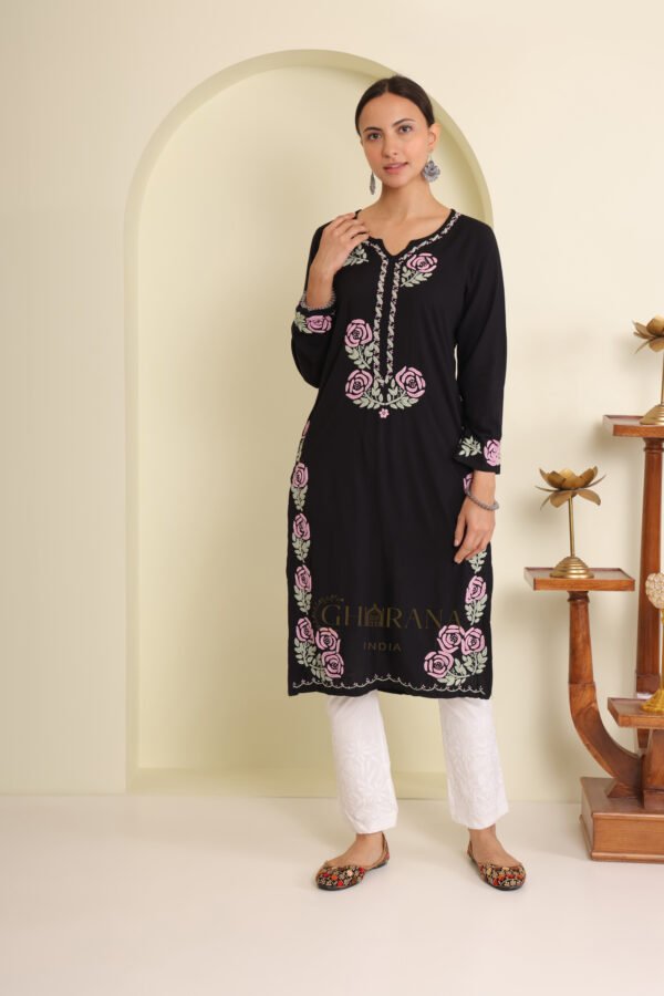 Ishq Rayon Black Chikankari Kurta in light Green and Pink