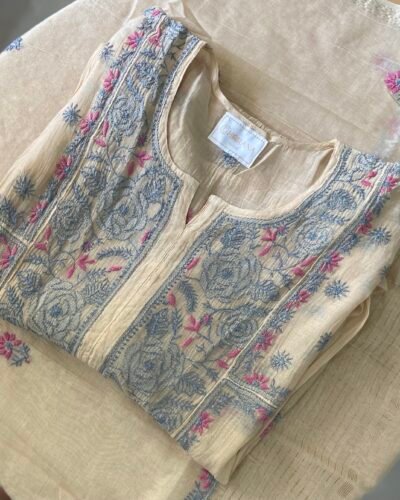 Premium Mulchanderi Chikankari Semi Stitched Tunic and Dupatta set - Beige