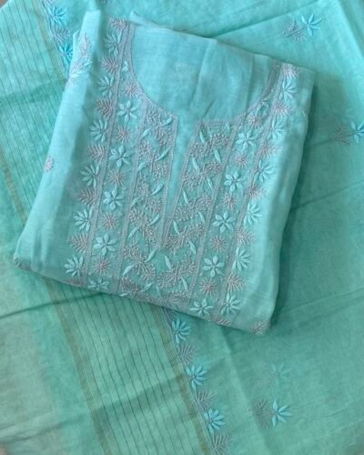 Premium Mul Chanderi Chikankari Unstitched Kurta and Dupatta set - Turquoise