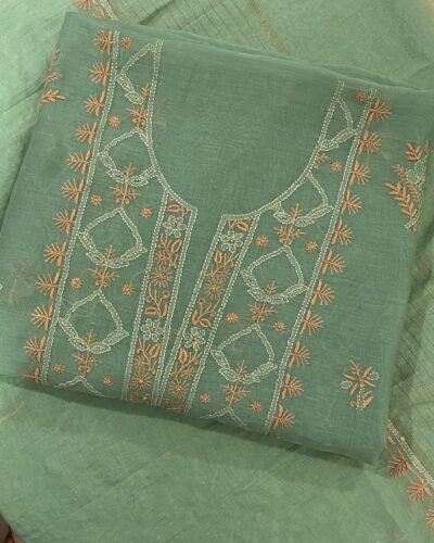 Premium Mul Chanderi Chikankari Unstitched Kurta and Dupatta set - Sage Green