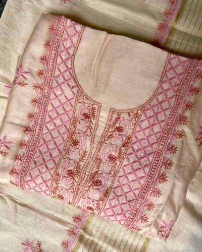 Premium Mul Chanderi Chikankari Unstitched Kurta and Dupatta set - Blush Pink