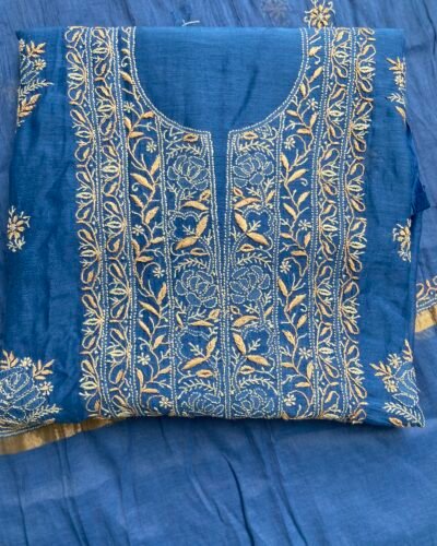 Premium Mul Chanderi Chikankari Unstitched Kurta and Dupatta set - Cobalt Blue