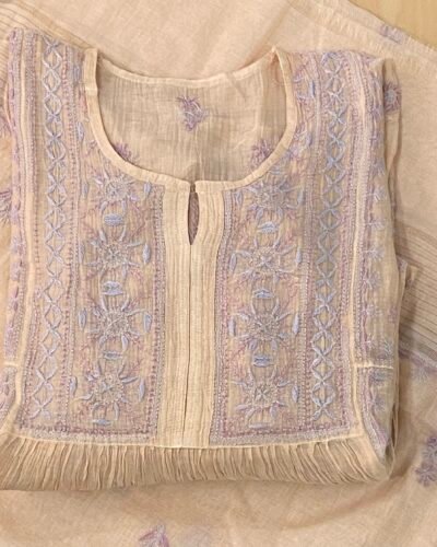 Premium Mulchanderi Chikankari Semi Stitched 2 piece Tunic and Dupatta set - Beige