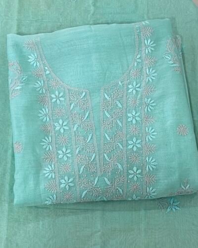 Premium Mul Chanderi 2 piece Chikankari Unstitched Kurta and Dupatta set - Turquoise