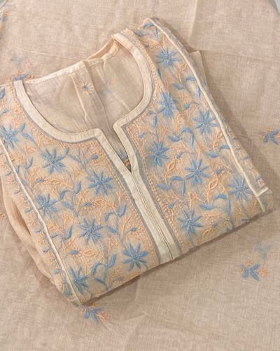 Premium Mulchanderi Chikankari Semi Stitched 2 piece Tunic and Dupatta set - Beige