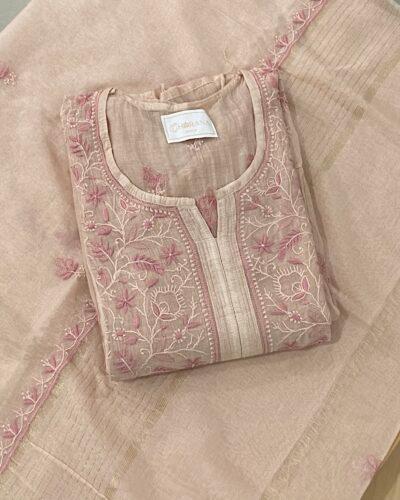 Premium Mulchanderi Chikankari Semi Stitched 2 piece Tunic and Dupatta set - Beige