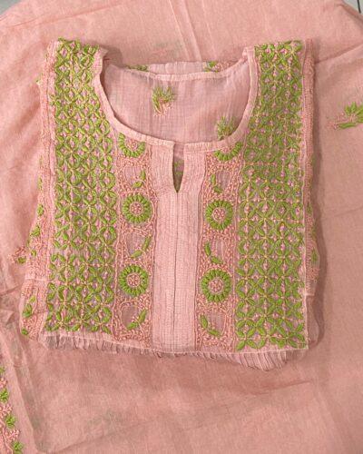 Premium Mulchanderi Chikankari Semi Stitched 2 piece Tunic and Dupatta set - Peach