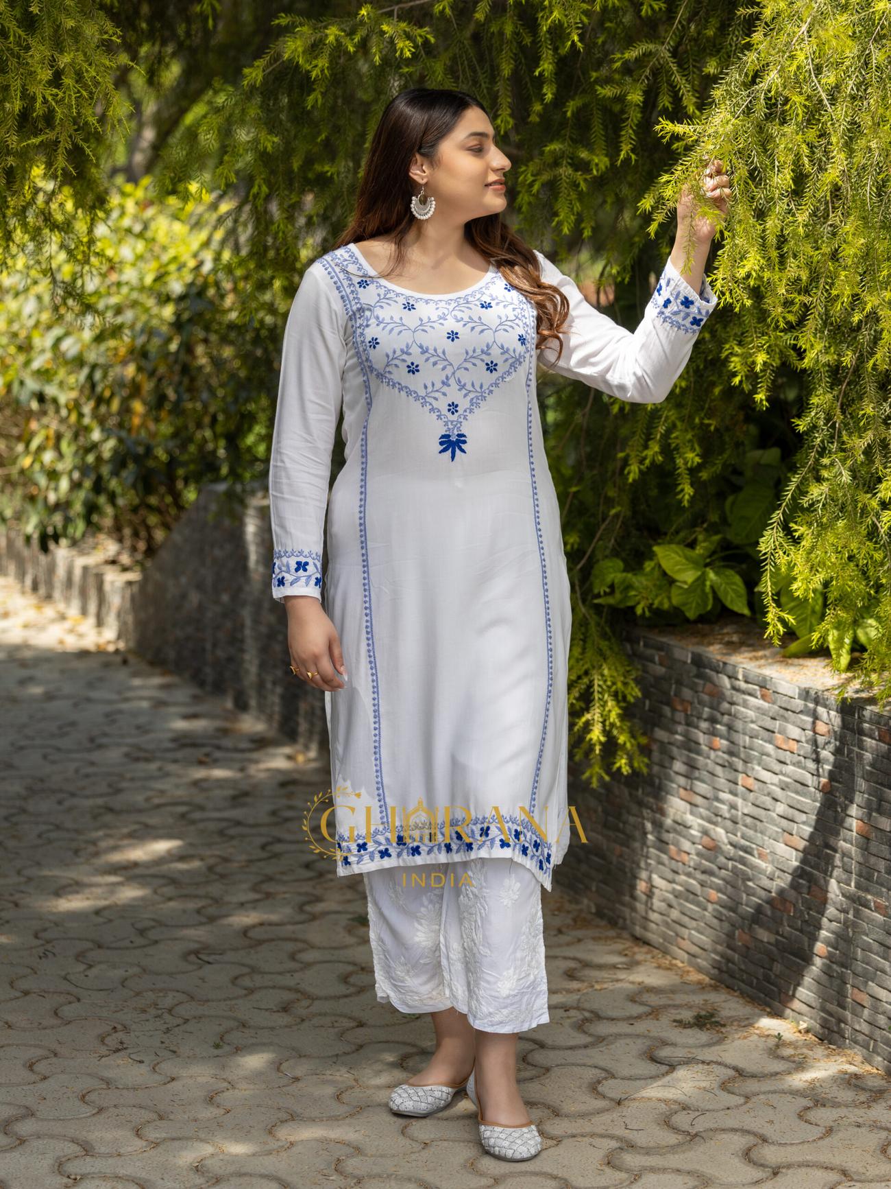 White Chikankari Lucknowi Kurta for women
