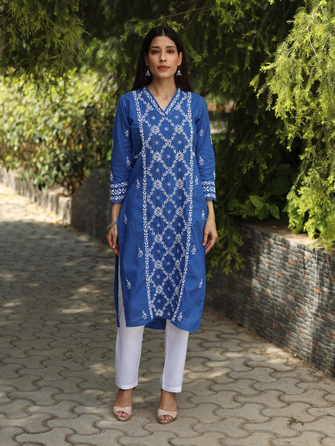 Blue Mul Cotton Chikankari Kurta