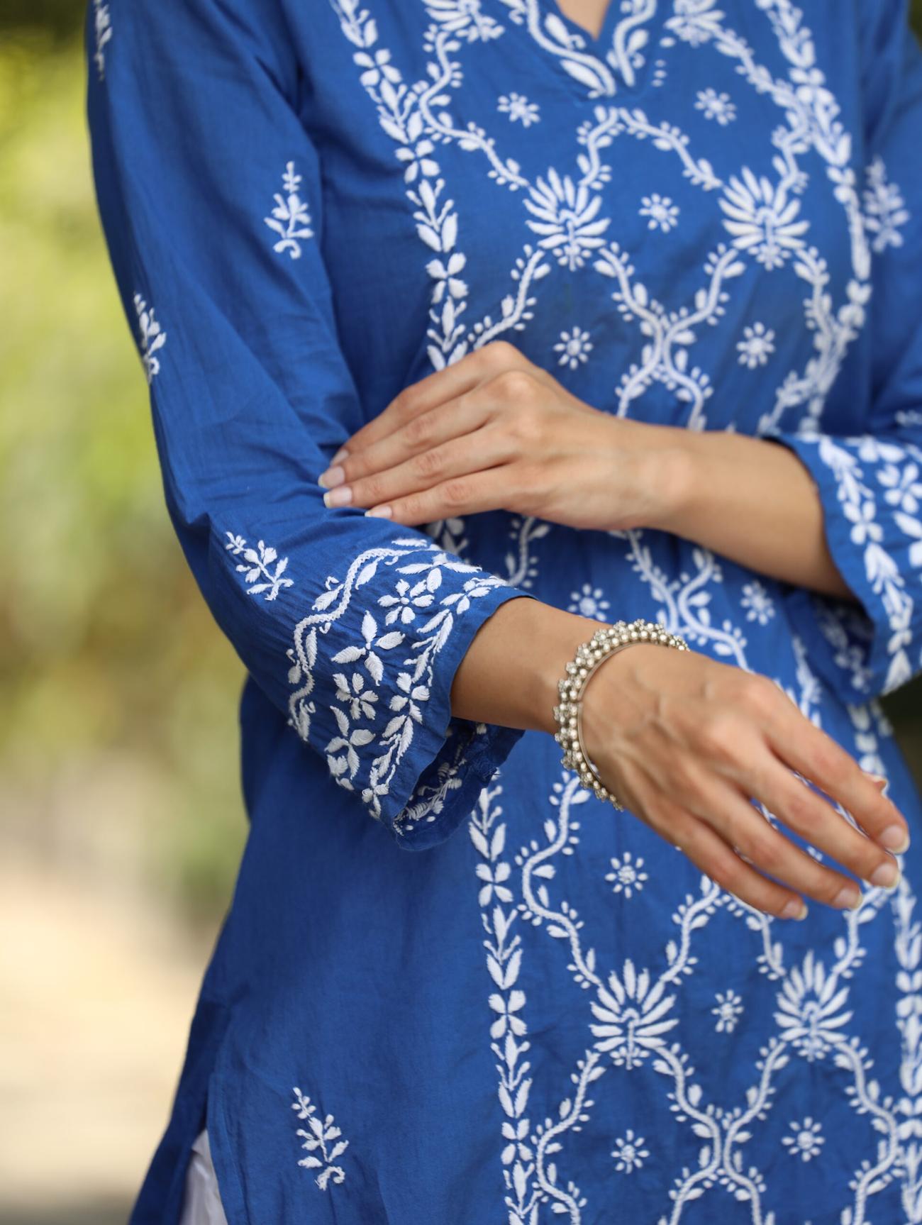 Blue Mul Cotton Chikankari Kurta