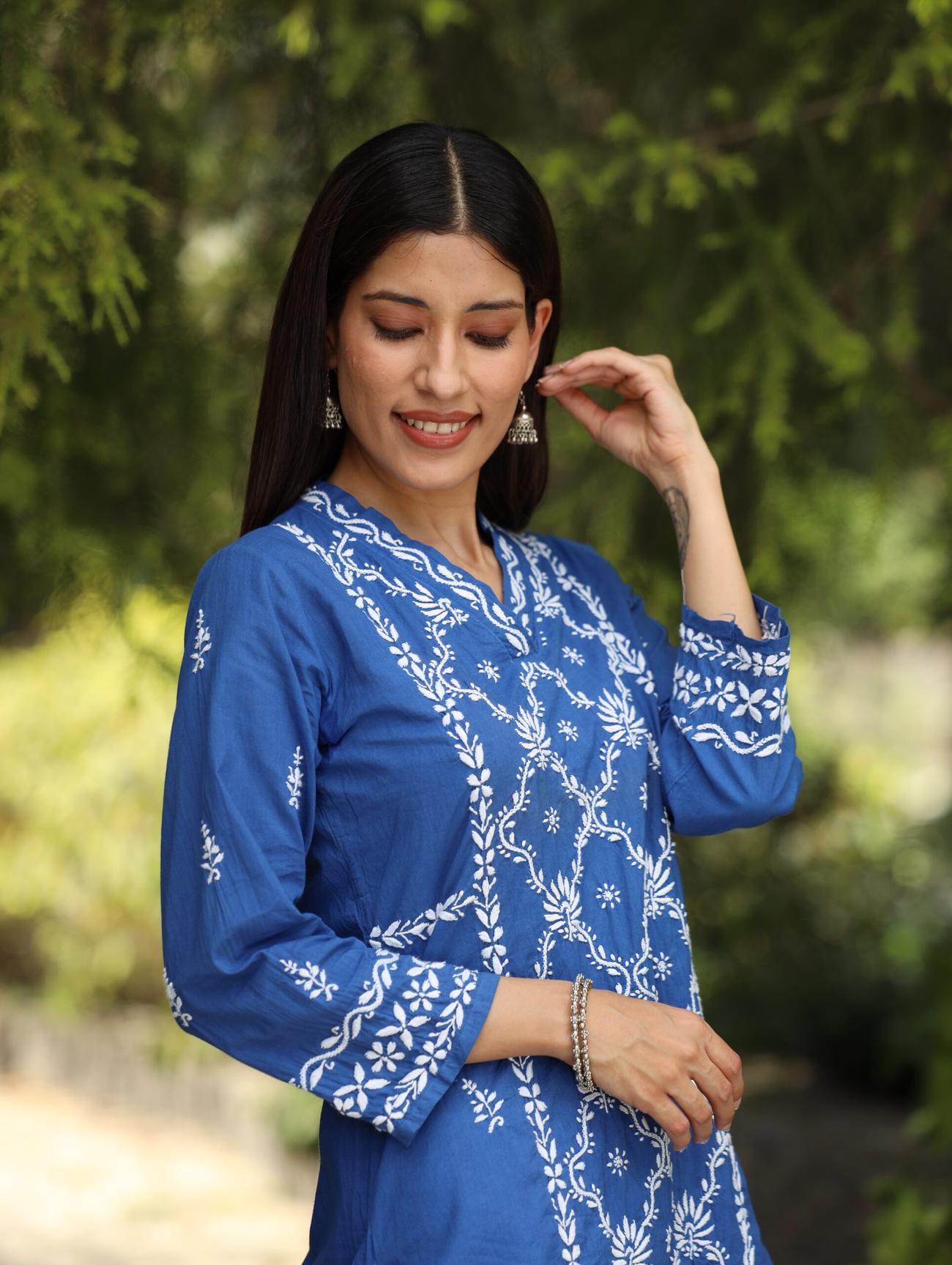 Blue Mul Cotton Chikankari Kurta