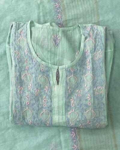 Premium Mul Chanderi Chikankari 2 piece Semi Stitched Tunic and Dupatta set - Light Mint Green