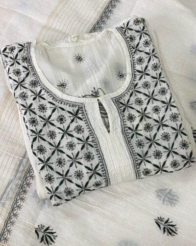 Premium Mulchanderi Chikankari 2 piece Semi Stitched Tunic and Dupatta set - White