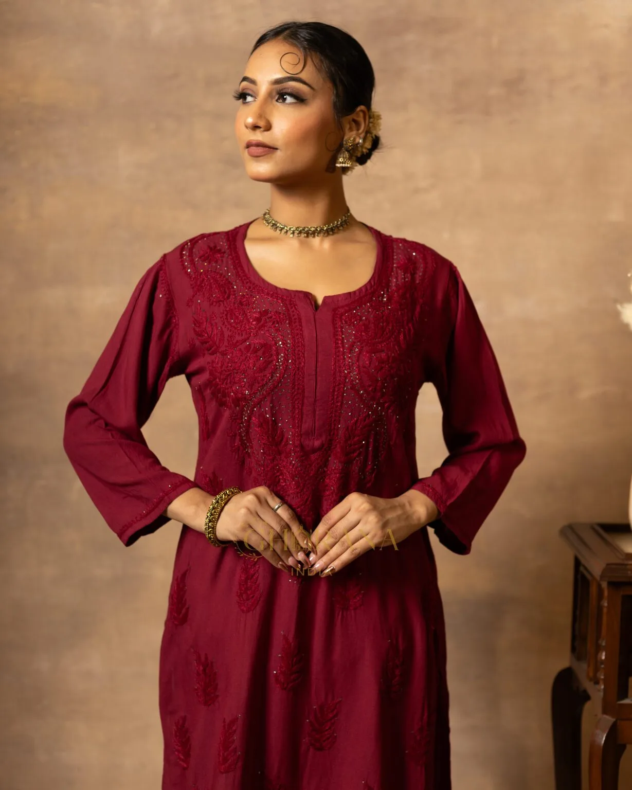 Best Wine Red Rayon Chikankari kurti for Women