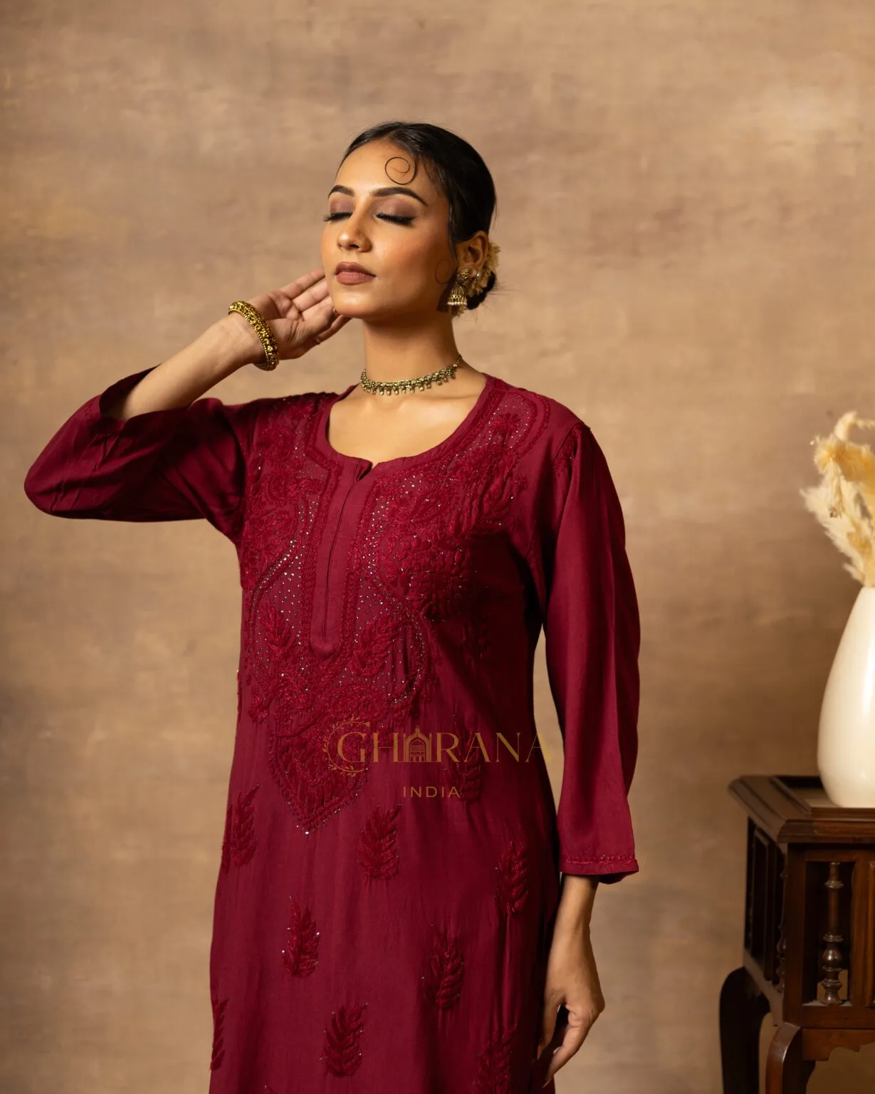 Wine Red Rayon Chikankari kurti set for Women