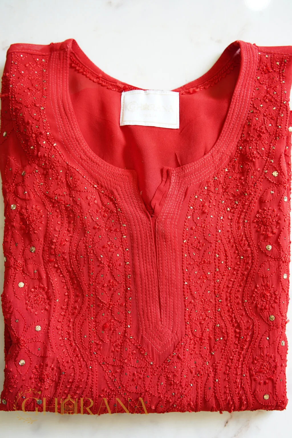 Buy Red Georgette Chikankari Kurta for Women