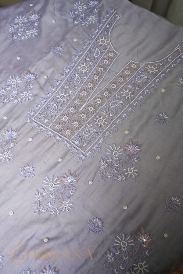 Grey Chanderi Silk Chikankari Unstitched Kurta & Dupatta Set