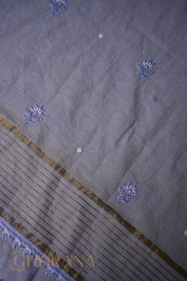 Grey Chanderi Silk Chikankari Unstitched Kurta & Dupatta Set