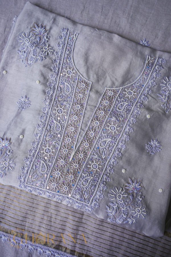 Grey Chanderi Silk Chikankari Unstitched Kurta & Dupatta Set