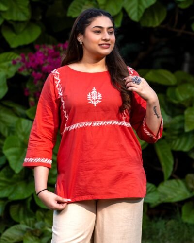 Cotton Red Chikankari Top