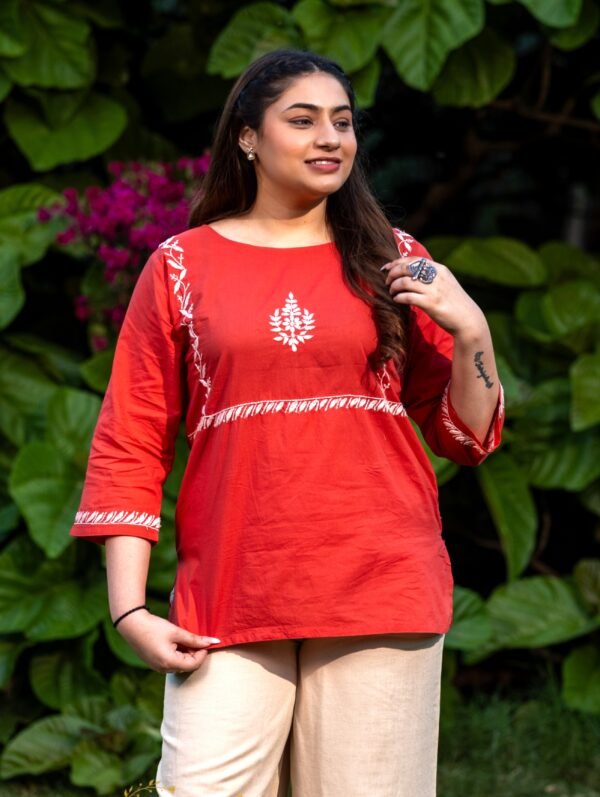 Cotton Red Chikankari Top