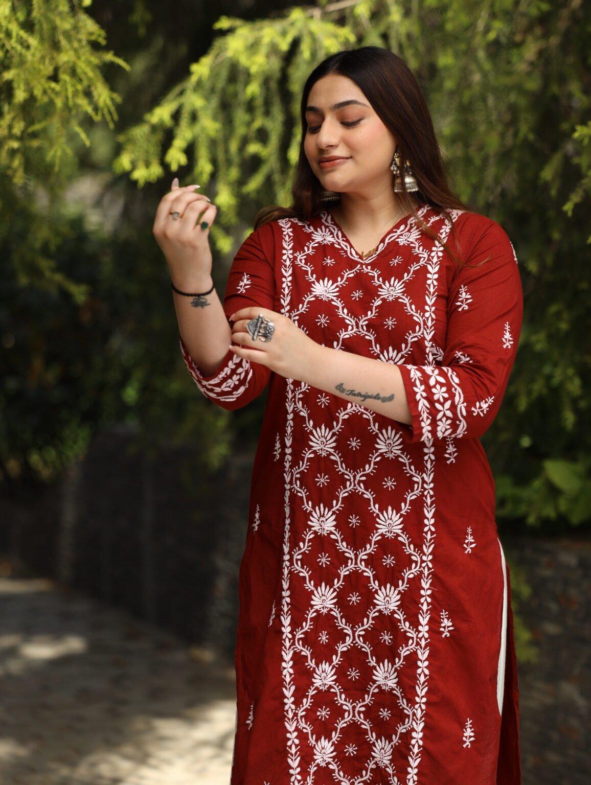 Red Chikankari Kurti for Women