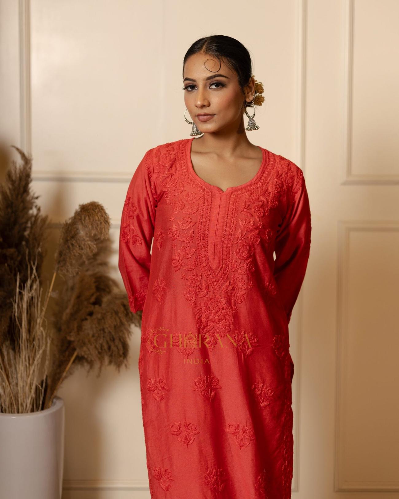 Ruhi Chanderi Chikankari Red Kurta Set with Embroidered Palazzo