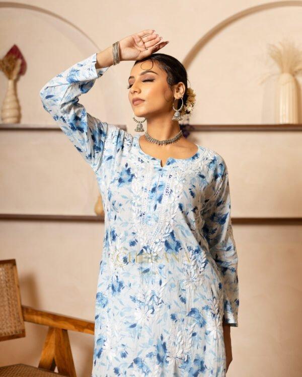 Eesha Chikankari Premium Mulmul Floral Printed Kurta – Blue