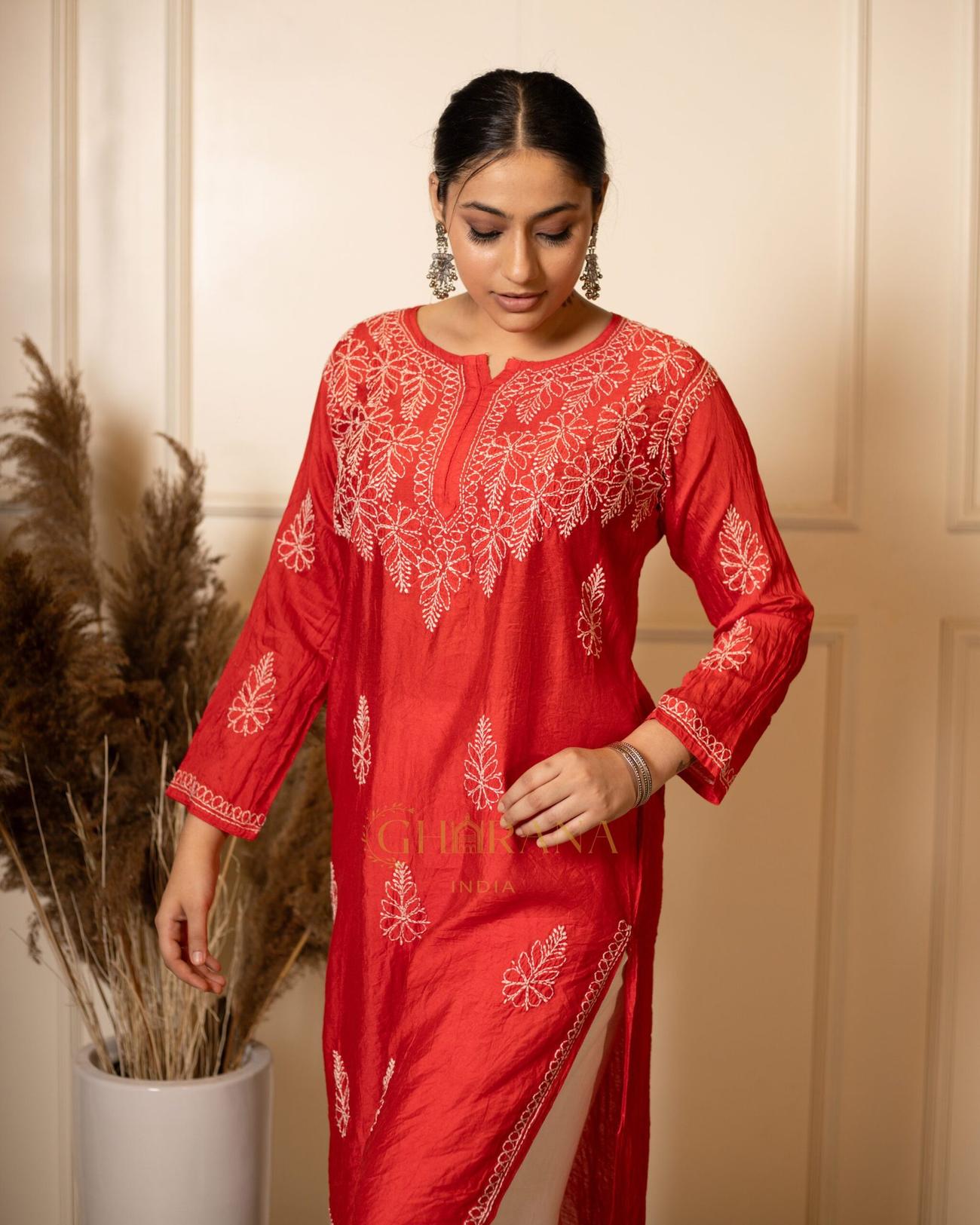Ruhi Chanderi Chikankari Kurta with Bakhiya work – Red