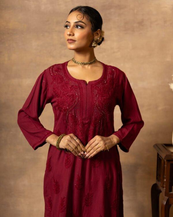 Rayon Chikankari 3 piece set with Mukaish work on Kurta, Palazzo and Dupatta – Wine Red