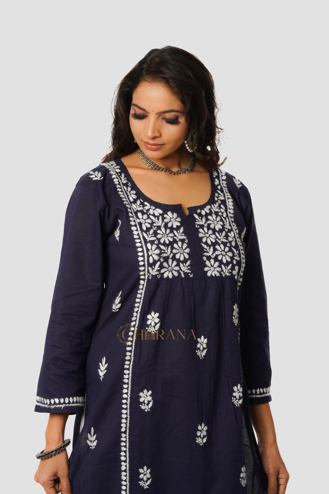 Lavanya Chikankari Cotton Naira cut Kurta – Royal Blue