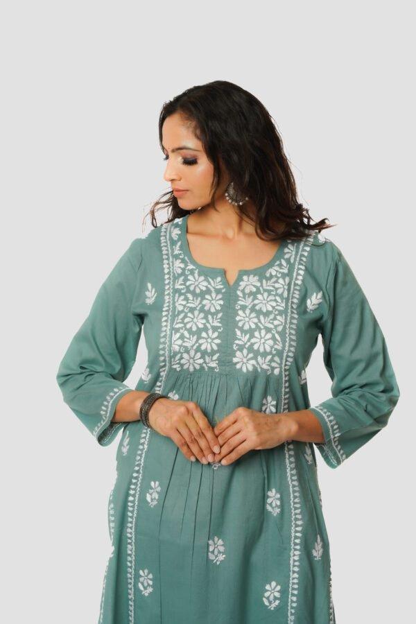 Lavanya Chikankari Cotton Naira cut Kurta – Dark Green