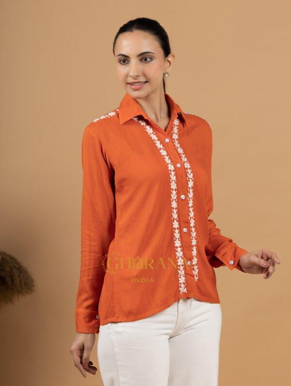 Sahiba Luxury Rayon Orange Chikankari Shirt Top