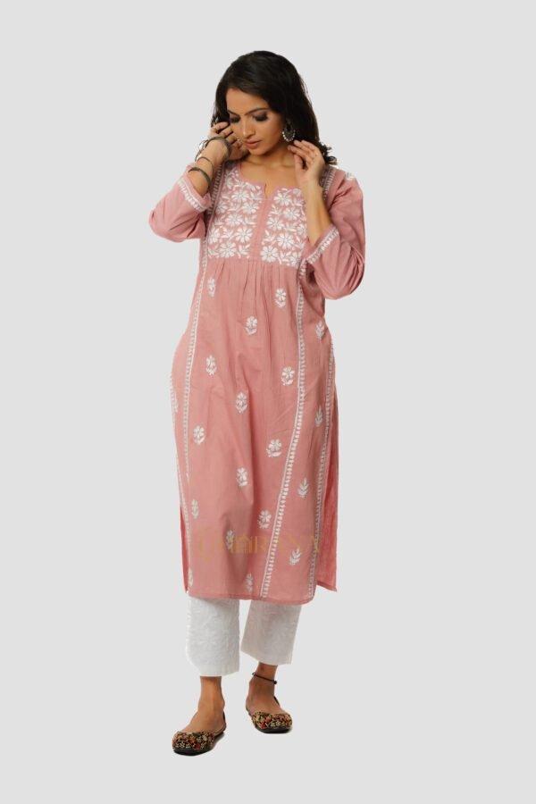 Lavanya Chikankari Cotton Naira cut Kurta – Mauve Pink