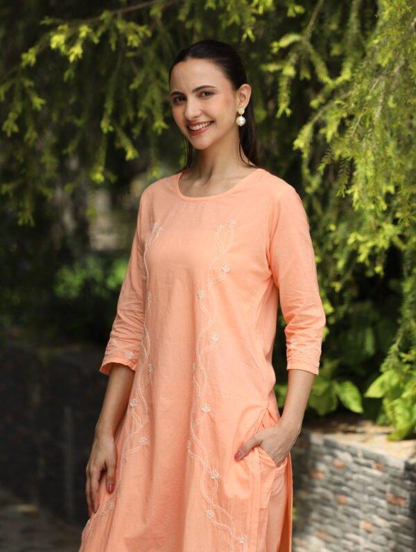 Heer Mul Cotton 2 PC Peach chikankari Kurta set