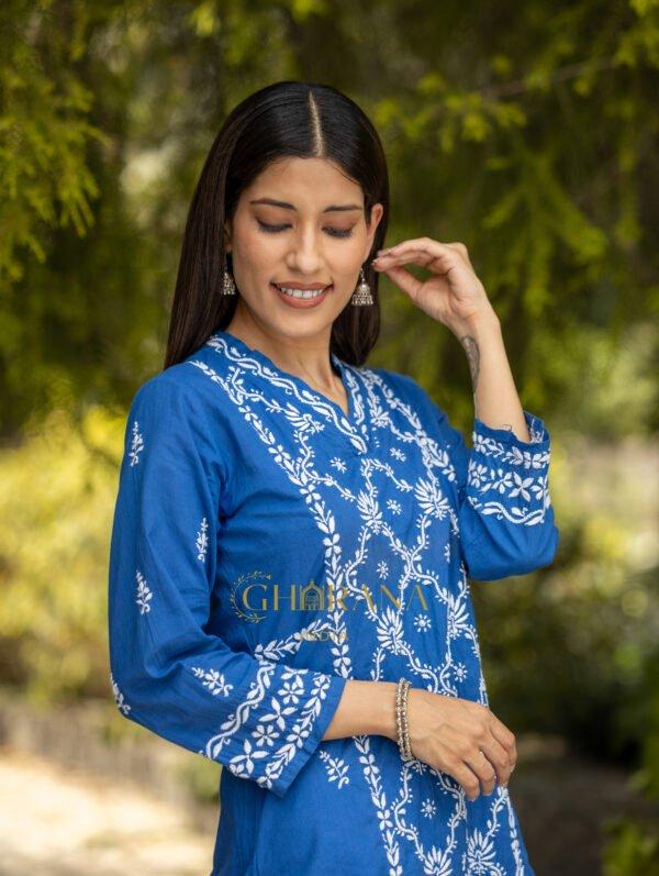 Sahiba Mul Cotton Blue Chikankari Kurta with intricate embroidery.