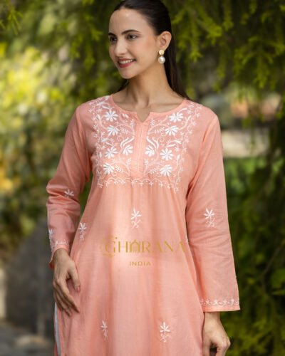 Sahiba Peach Pink Pure Cotton Chikankari Kurta with very intricate hand embroidery.