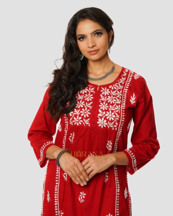 Lavanya Chikankari Cotton Naira cut Kurta – Red