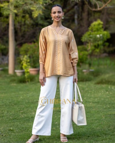 Sahiba Premium Chanderi Silk Golden Beige Chikankari Top