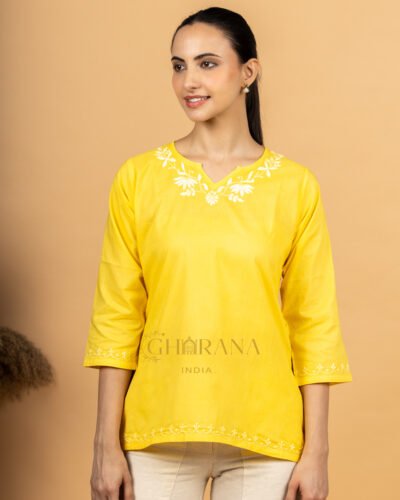 Sahiba Pure Cotton Yellow Chikankari Short Top